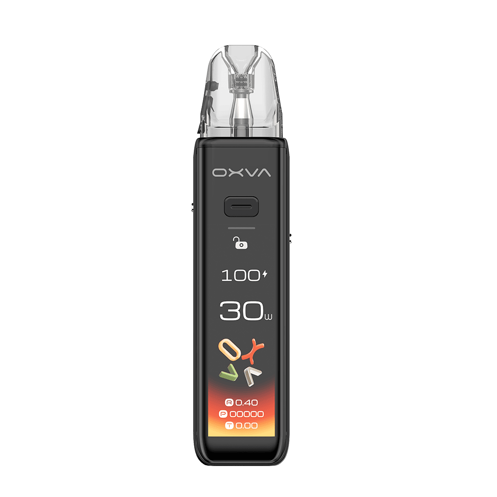 Oxva Xlim 3 Ultra Pod Kit - Mocha Brown Oxva Xlim 3 Ultra Pod Kit in Mocha Brown zeigt vorn Statusanzeigen für Watt und Akku, das Oxva-Logo, Symbole für Einstellungen und den Ladezustand.