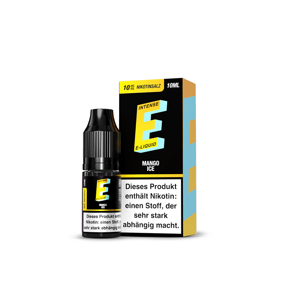 TVE E-Intense Nikotinsalz - Mango Ice Flasche und Verpackung von TVE E-Intense E-Liquid Mango Ice Nikotinsalz, 10 mg, schwarz-gelbe Gestaltung mit Warnhinweis über Abhängigkeit.
