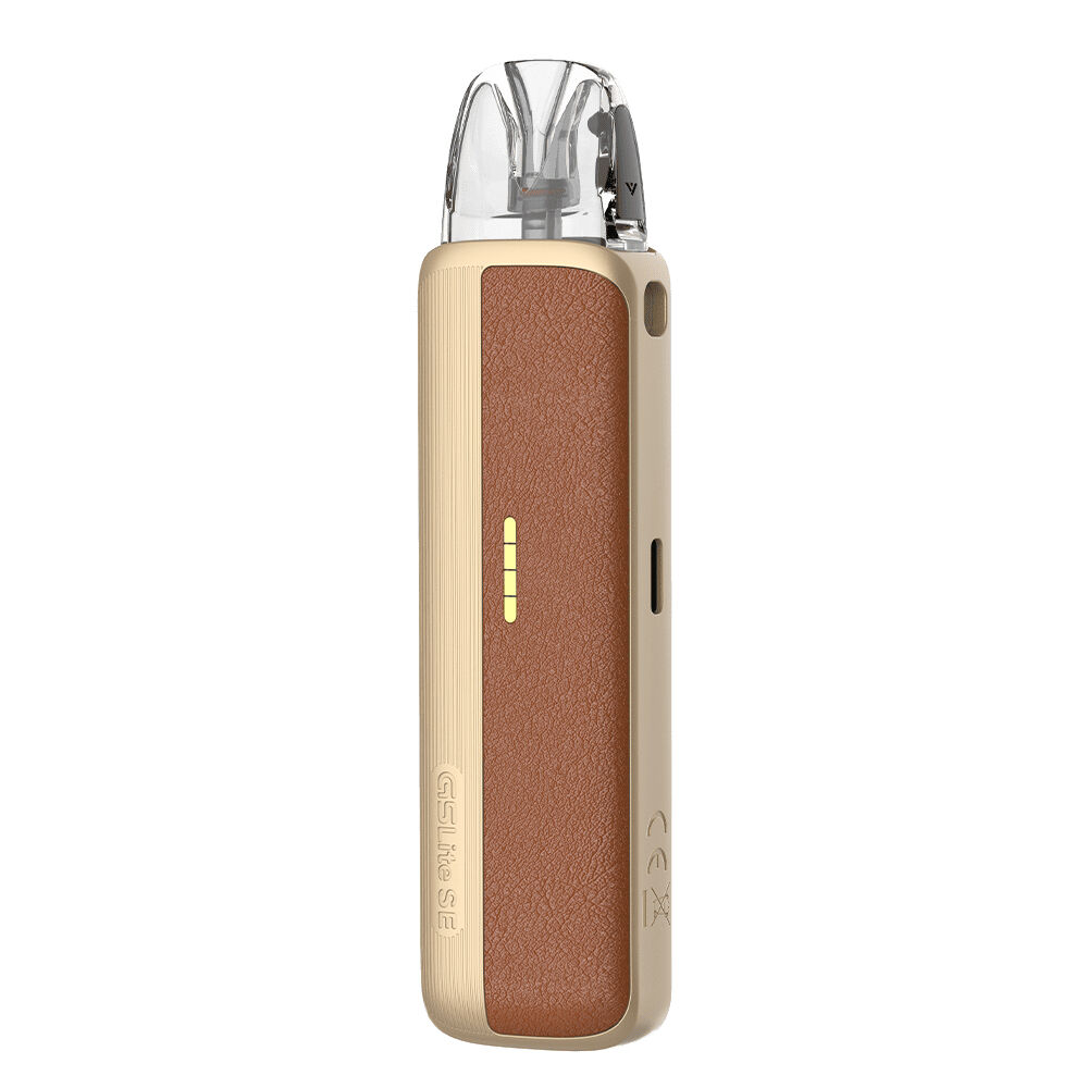 Uwell Caliburn G5 Lite SE Pod Kit Uwell Caliburn G5 Lite SE Pod Kit in Braun mit Leder-Optik, seitlicher Sichtfenster, drei Leuchtanzeigen und transparentem Pod-Aufsatz.