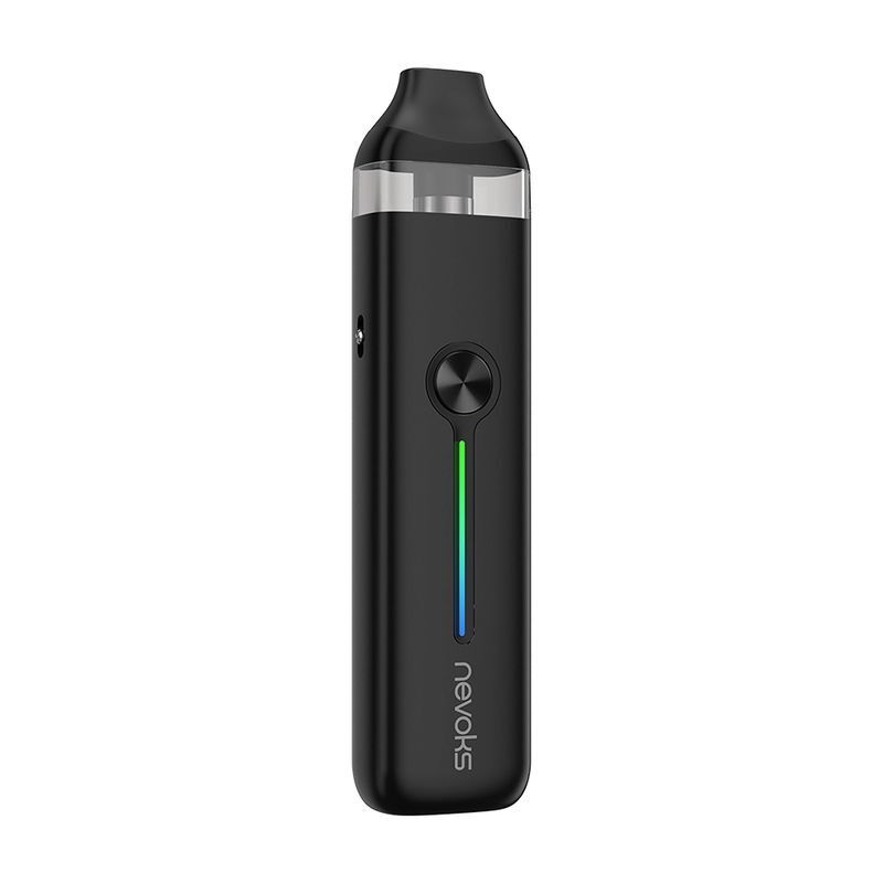 Nevoks Feelin 2 Pod Kit in der Farbe Midnight Black Nevoks Feelin 2 Pod Kit in Midnight Black mit transparentem Pod, kreisförmigem Knopf und mehrfarbiger LED-Anzeige.