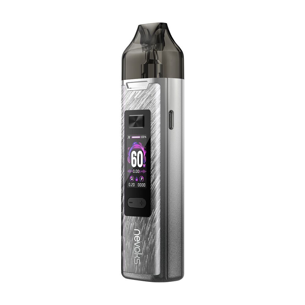 Nevoks Feelin XR Pro Pod Kit - Misty Grey Nevoks Feelin XR Pro Pod Kit in Misty Grey mit digitalem Display, zeigt 60 Watt und diverse Symbole, schimmernde Oberfläche.