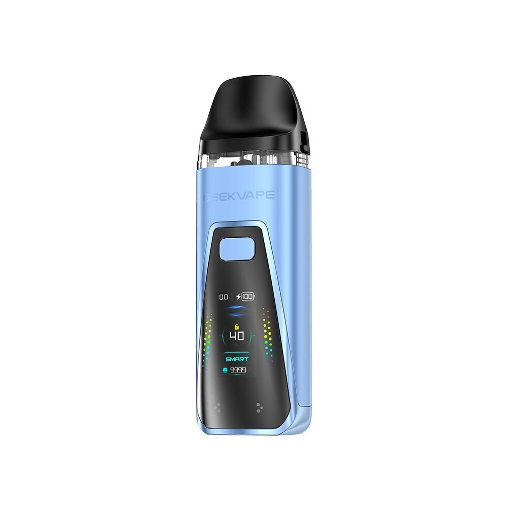 Geekvape Digi Pro Pod Kit in der Farbe Misty Blue Geekvape Digi Pro Pod Kit in Misty Blue mit schwarzem Mundstück und digitalem Display auf der Vorderseite, zeigt Symbole und Einstellungen.