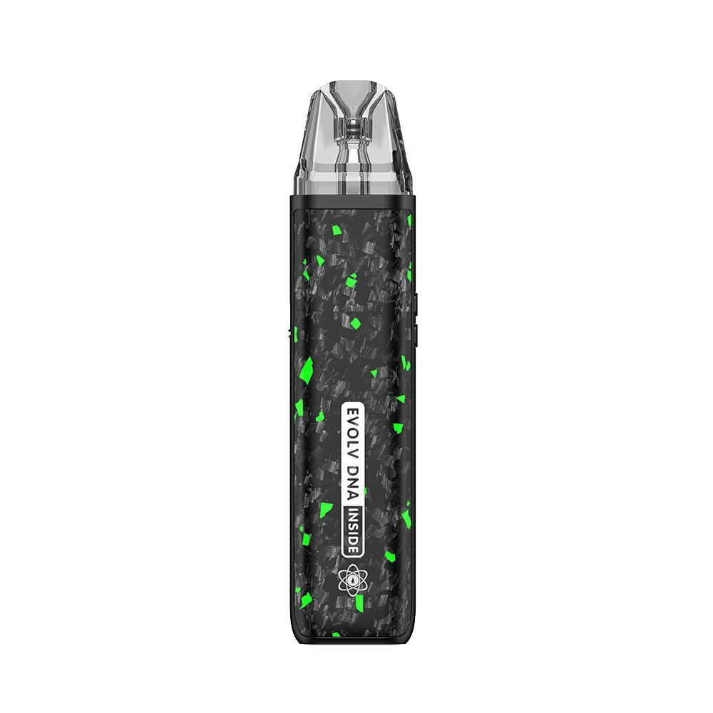 Oxva Xlim Pro 2 DNA Pod Kit - Luminous Forged Carbon Fiber Oxva Xlim Pro 2 DNA Pod Kit mit schwarzer und grüner Oberfläche und der Aufschrift „EVOLV DNA INSIDE“ auf der Vorderseite
