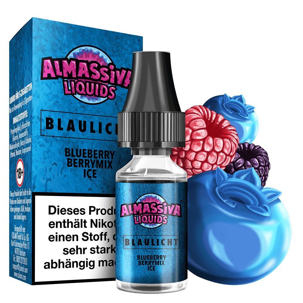 Liquid Blaulicht von Al Massiva Al Massiva Liquids Blaulicht 17mg Flasche und Verpackung mit Beeren-Dekoration, Text "Dieses Produkt enthält Nikotin" sichtbar.