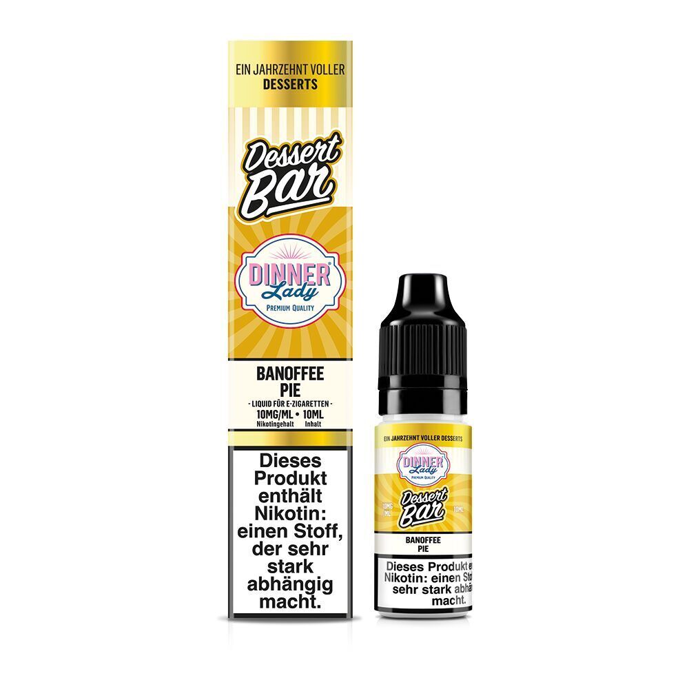 Liquid Banoffee Pie 10mg - Dinner Lady Nikotinsalz Dinner Lady Dessert Bar Nikotinsalz Banoffee Pie in einer gelben Verpackung mit Warnung vor Nikotinabhängigkeit, Flasche neben der Box.