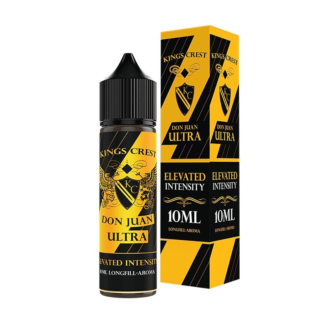 Kings Crest Aroma - Don Juan Ultra Flasche und Verpackung von Kings Crest Aroma Don Juan Ultra mit gelb-schwarzem Design und Schildmotiv, 10ml Longfill-Aroma.