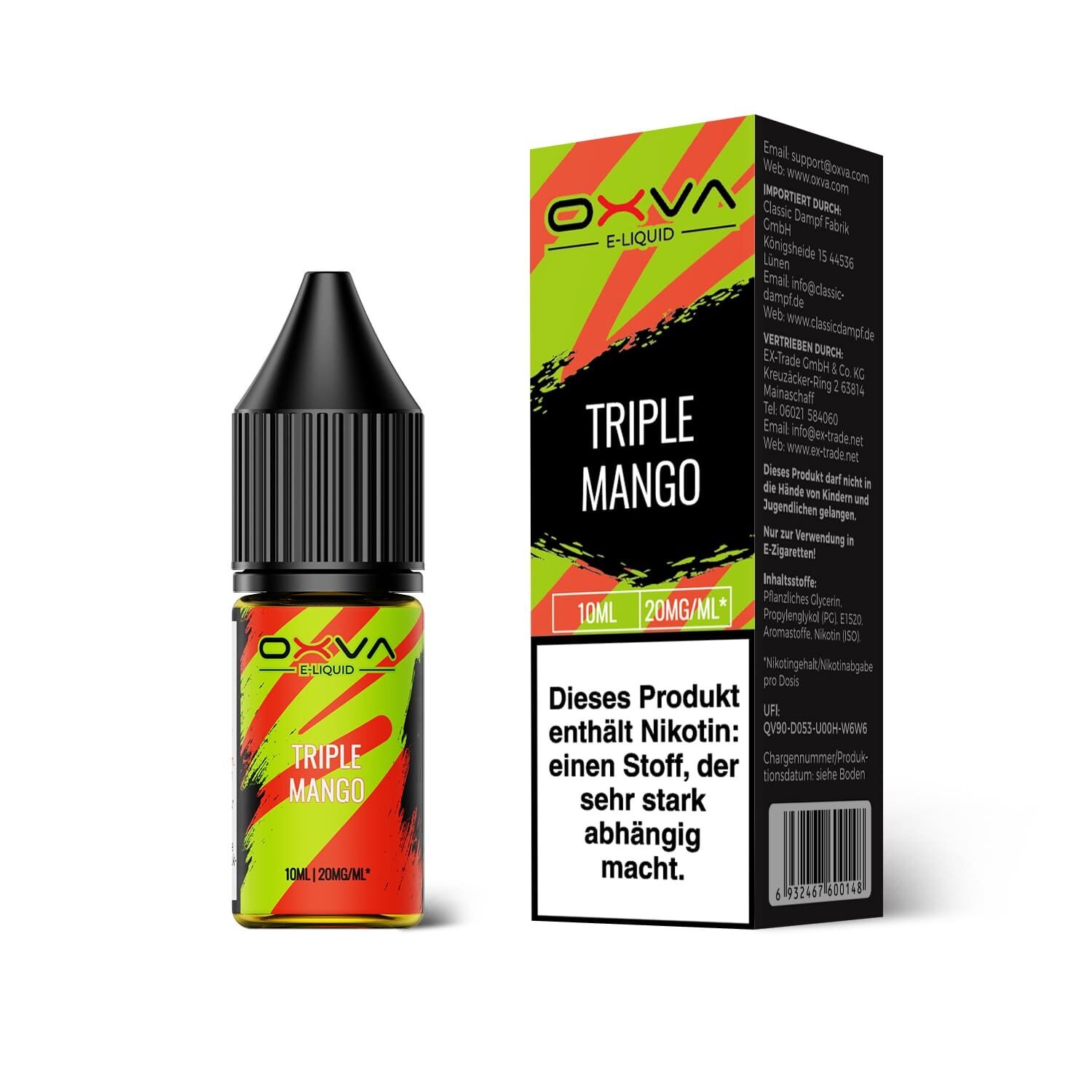 Liquid Triple Mango mit 20mg Nikotin von Oxva Oxva Triple Mango Nikotinsalz in gelb-roter Flasche mit 10ml und 20mg/ml Nikotingehalt, Verpackung mit Nikotinwarnhinweis.
