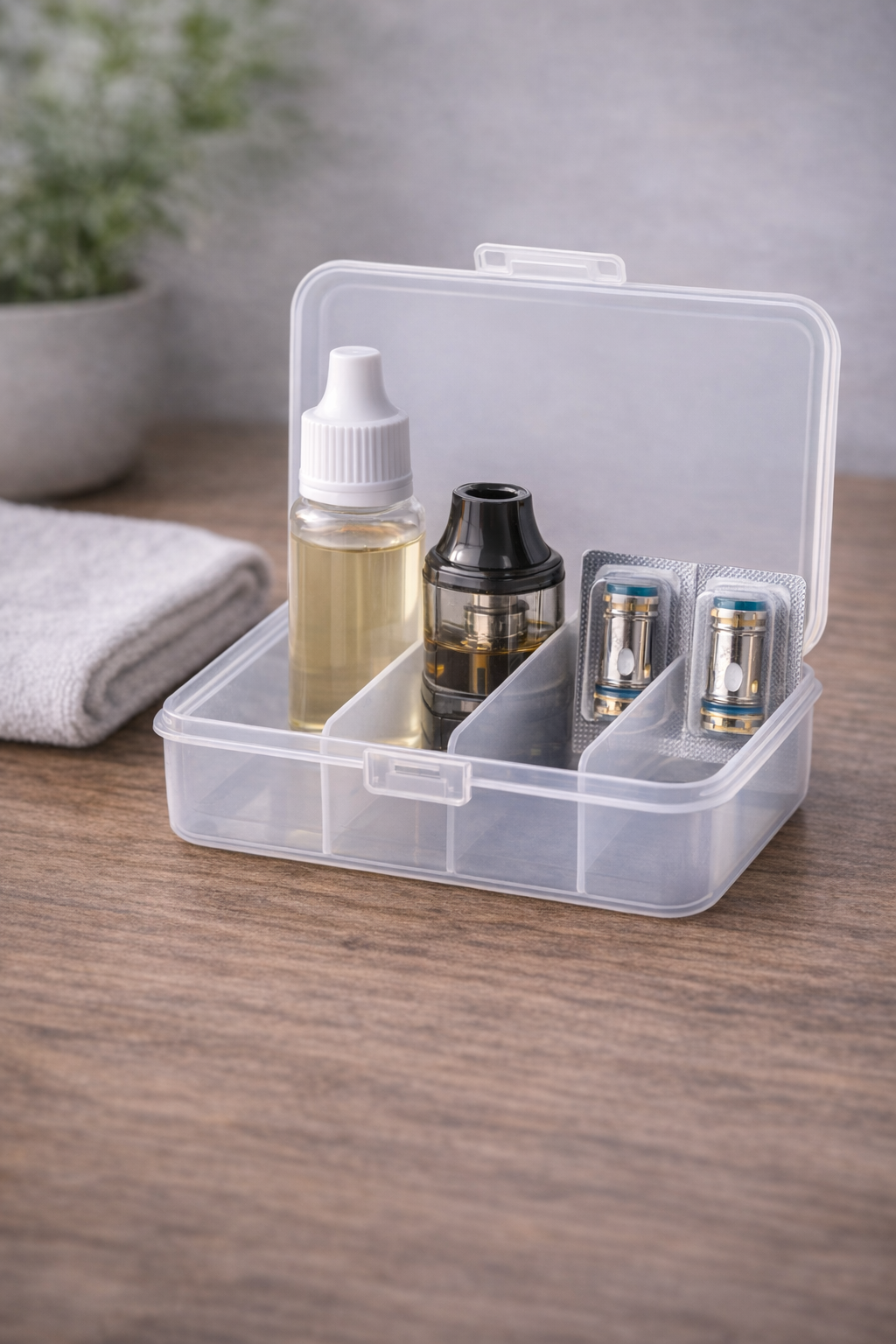 Offene, transparente Aufbewahrungsbox mit E-Liquid Fläschen, Pod, Tank und zwei verpackten Coils auf einem Holztisch. Zubehör zu sicheren E-Zigaretten Aufbewahrung