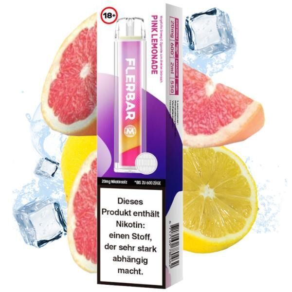 Pink Lemonade mit 20mg Nikotin Flerbar E-Shisha Flerbar Pink Lemonade 20mg Vape vor Abbildung von aufgeschnittenen Zitronen und Grapefruits, Warnhinweis über Nikotingehalt sichtbar