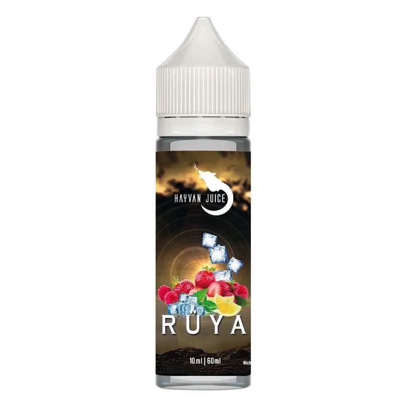 Aroma Rüya von Hayvan Juice E-Liquid-Flasche Hayvan Juice Aroma Rüya mit Eiswürfeln, Himbeeren, Erdbeeren und Zitronenstücken auf etikettiertem schwarzen Hintergrund.