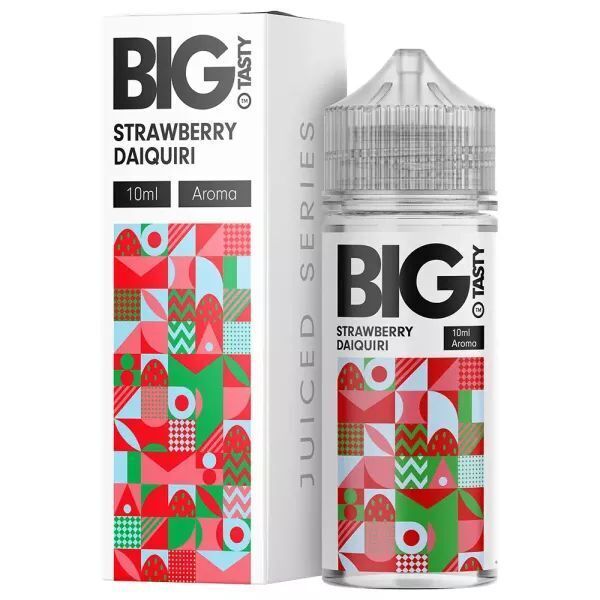 Aroma Strawberry Daiquiri von Big Tasty Flasche und Karton von Big Tasty Aroma Strawberry Daiquiri, 10ml, mit buntem geometrischen Design und Text Juiced Series.