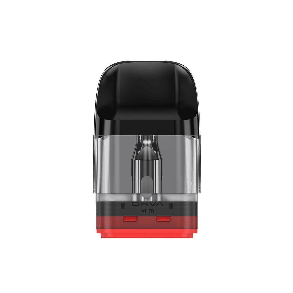 Oxva Xlim EZ Pod mit sichtbarer Coil und schwarzem Mundstück, transparentem Tank mit rotem Basisbereich und dem Schriftzug Oxva Xlim