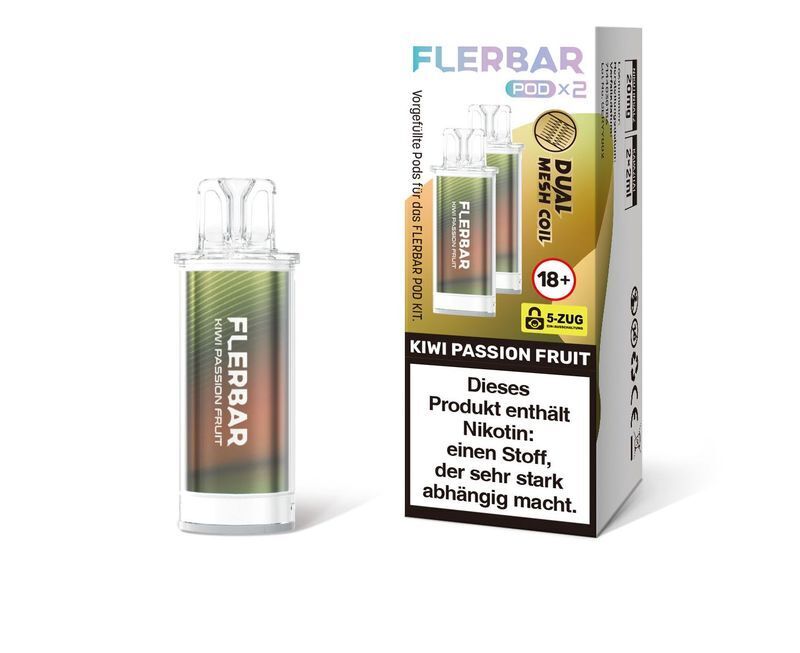 Kiwi Passion Fruit 20mg - Flerbar Pods Flerbar Pods Kiwi Passion Fruit 20mg Verpackung mit Warnhinweis, ab 18 Jahren geeignet, Dual Mesh Coil Design sichtbar.