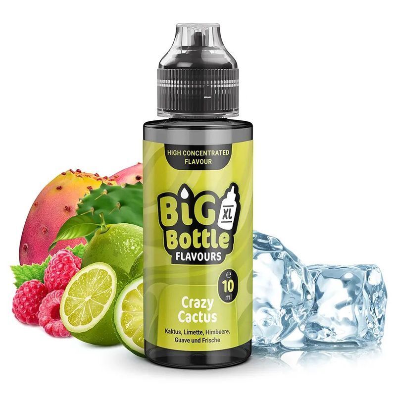 Aroma Crazy Cactus von Big Bottle Flavours Flasche Big Bottle Flavours Aroma Crazy Cactus vor Kaktusfrucht, Limetten, Himbeeren und Eiswürfeln auf weißem Hintergrund.