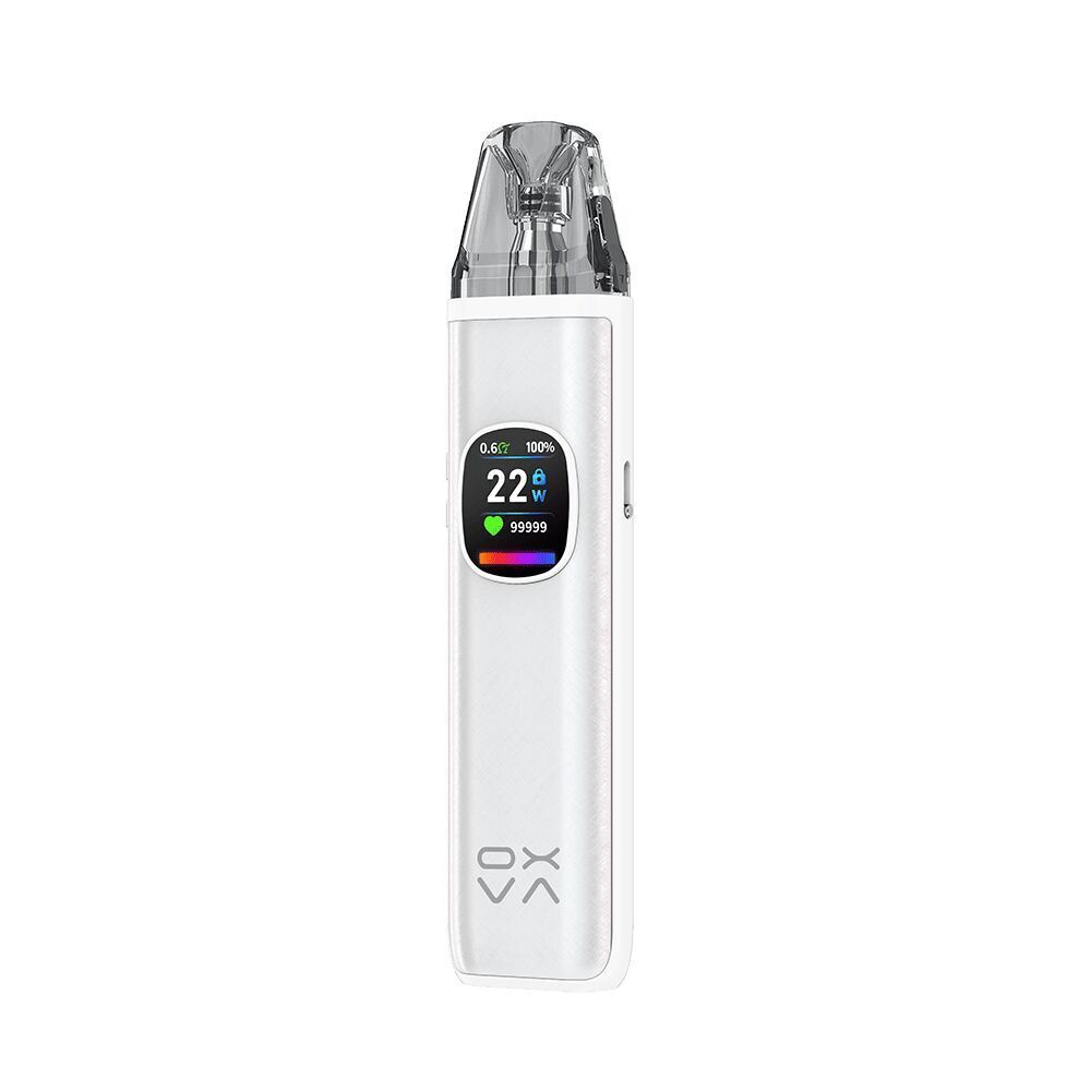 Oxva Xlim Pro 2 DNA Pod Kit - Silk White Oxva Xlim Pro 2 DNA Pod Kit in Silk White mit einem Display, das Informationen wie 22W Leistung, Akkustand und Farbskala anzeigt.