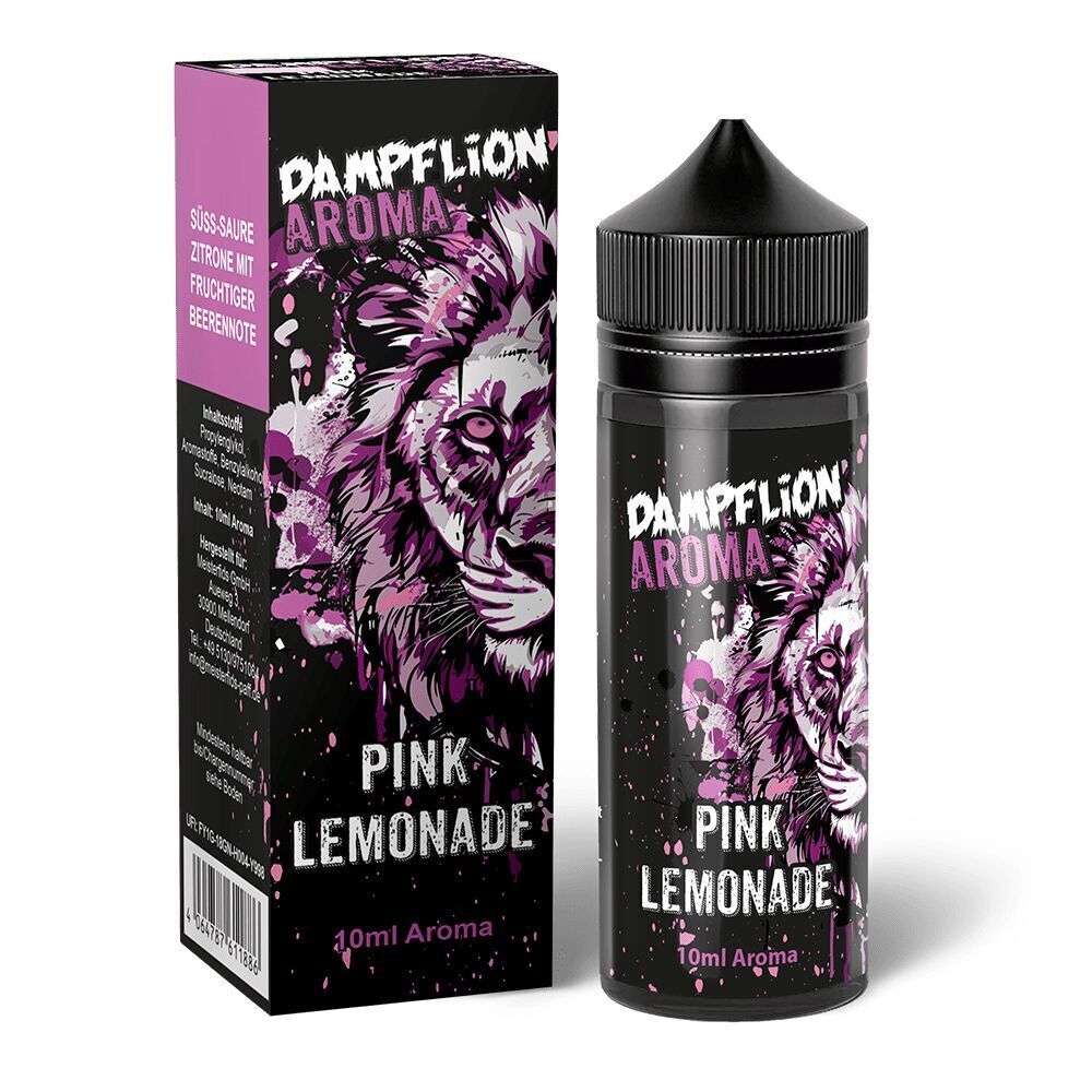 Aroma Pink Lemonade von Dampflion Intense Dampflion Aroma Pink Lemonade zeigt einen stilisierten Löwen auf Flasche und Verpackung, mit violetten und weißen Farbakzenten, 10ml Aroma.