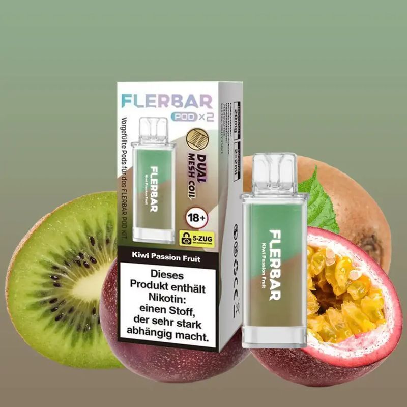 Kiwi Passion Fruit 20mg - Flerbar Pods Flerbar Pods Kiwi Passion Fruit Verpackung mit Dual Mesh Coil Hinweis, daneben zwei offene Früchte: Kiwi und Passionsfrucht, Warntext zu Nikotin