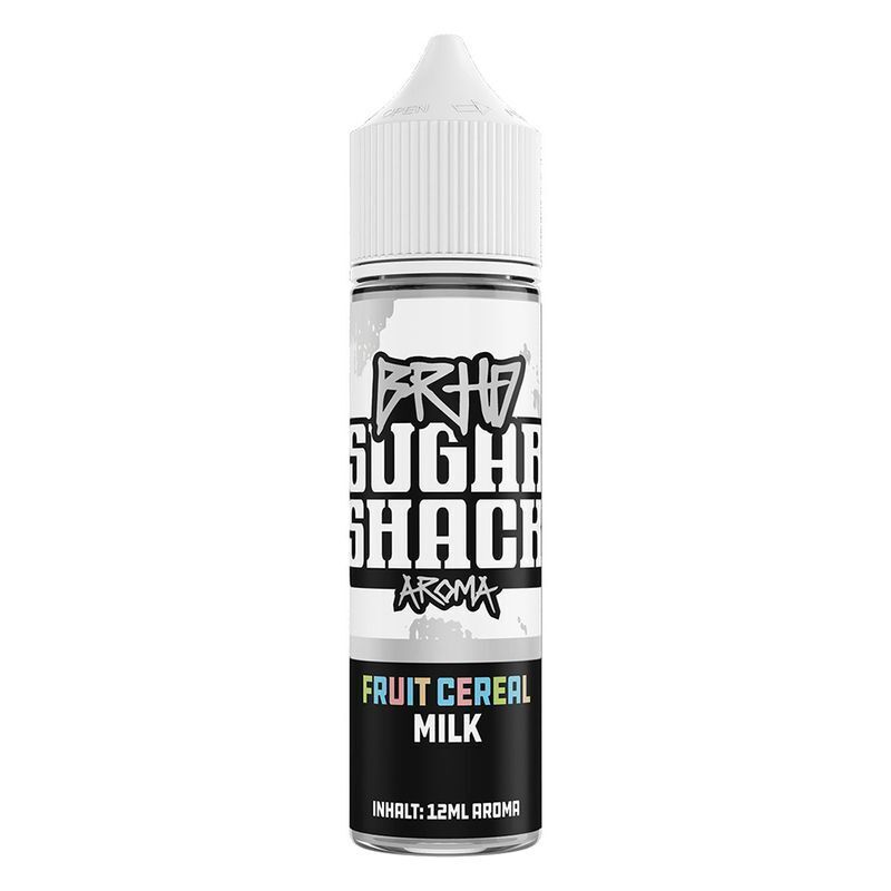 Aroma Fruit Fruit Cereal Milk von BRHD BRHD Sugar Shack Aroma Flasche mit Aufschrift "Fruit Cereal Milk", Inhalt 12 ml, schwarzes und weißes Design mit Graffiti-Stil.