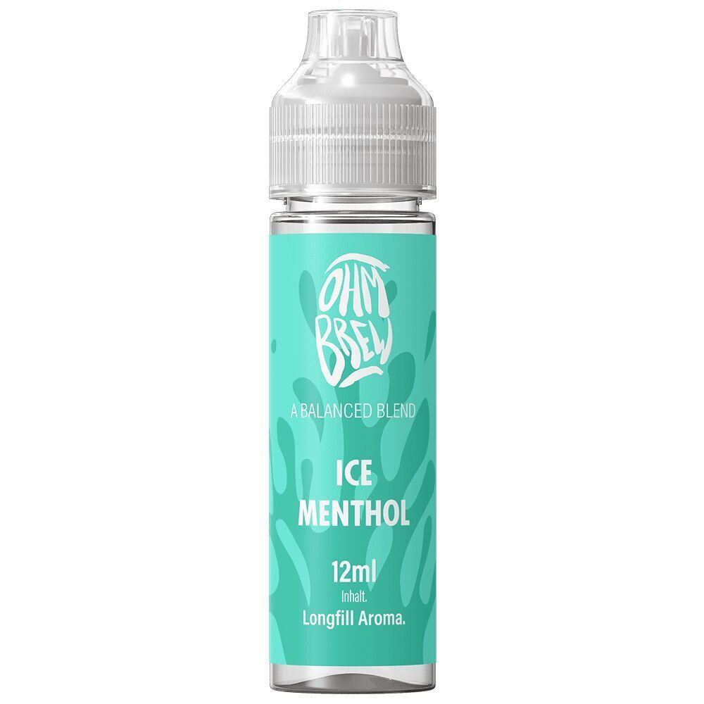 Aroma Ice Menthol von Ohm Brew Ohm Brew Aroma Ice Menthol Flasche mit 12ml Inhalt, Longfill-Aroma, türkisfarbenes Etikett und drehbarer Verschlusskappe