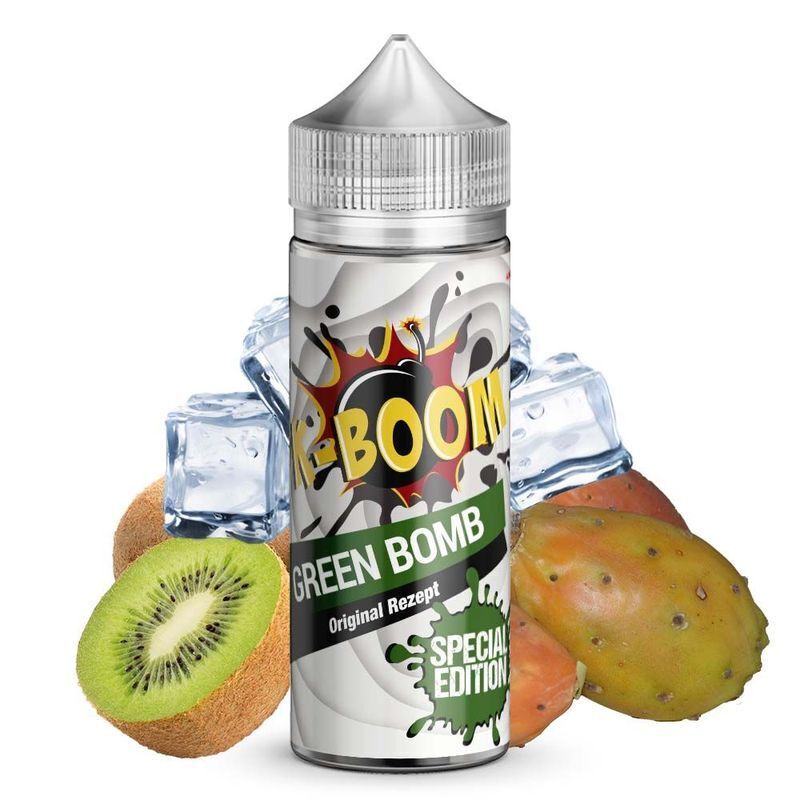 Aroma Green Bomb von K-Boom Flasche K-Boom Aroma Green Bomb mit Special Edition Design, umgeben von Kiwi, Eiswürfeln und einer Kaktusfeige