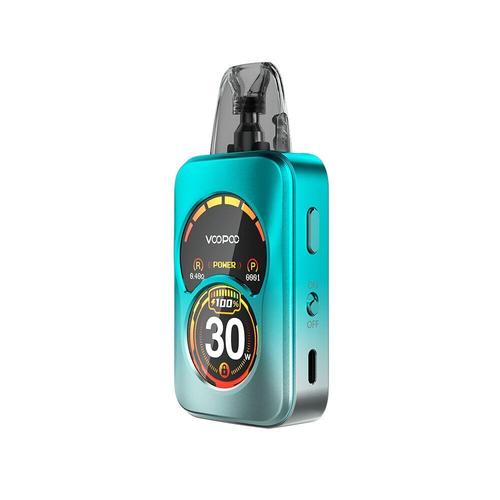 Voopoo Argus A Pod Kit Azure Blue Voopoo Argus A Pod Kit in Azure Blue mit digitalem Display, Leistungsanzeige und Ein-/Ausschalter auf der Seite.