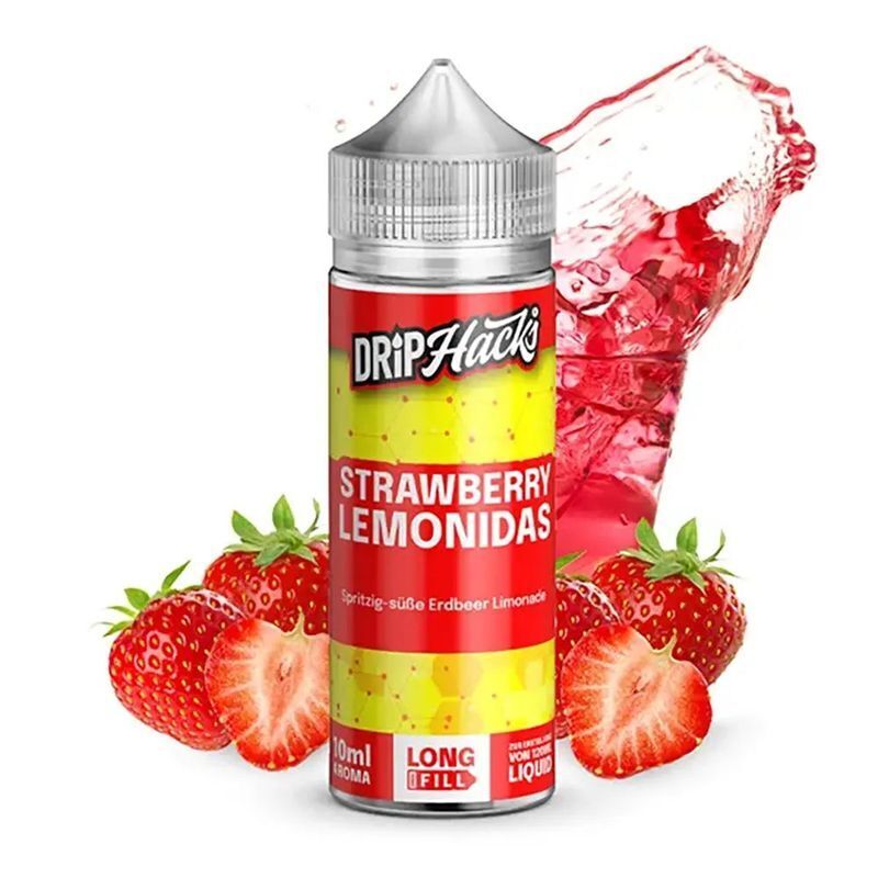 Aroma Strawberry Lemonidas von Drip Hacks Drip Hacks Aroma Strawberry Lemonidas Flasche, umgeben von frischen, geschnittenen Erdbeeren und einem Glas mit roter Flüssigkeit im Hintergrund.