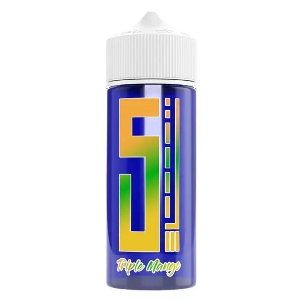Aroma Triple Mango von 5 Elements Blaues Aroma-Fläschchen mit weißem Deckel, orangefarbenes Logo mit "5", grünen Akzenten und Aufschrift "Triple Mango" darunter.
