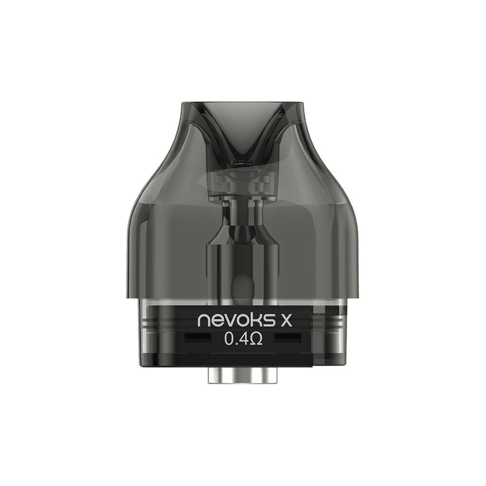 Nevoks X Pod 0,4 Ohm, transparentes Gehäuse mit sichtbarer Spule und Aufschrift, schwarzes Mundstück oben.