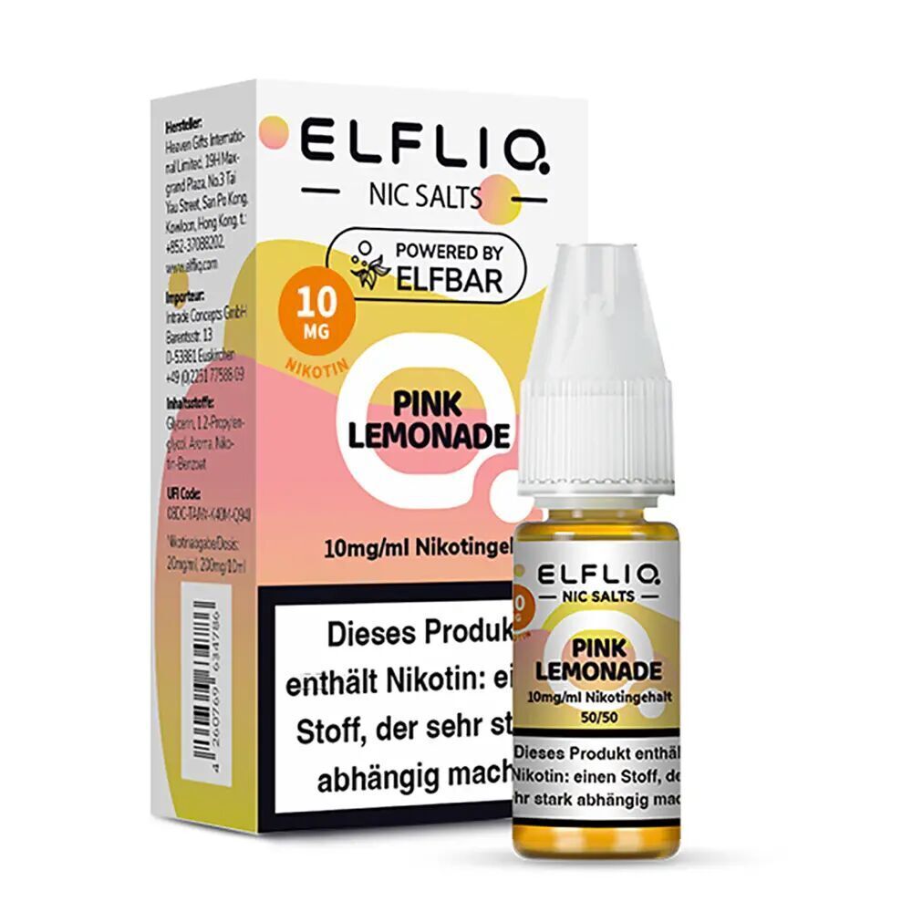 Elfliq Nikotinsalz - Pink Lemonade 10mg Elfliq Nikotinsalz Pink Lemonade, 10 mg/ml, E-Liquid-Flasche und Verpackung mit Warnhinweis über Nikotinsuchtgefahr sichtbar.