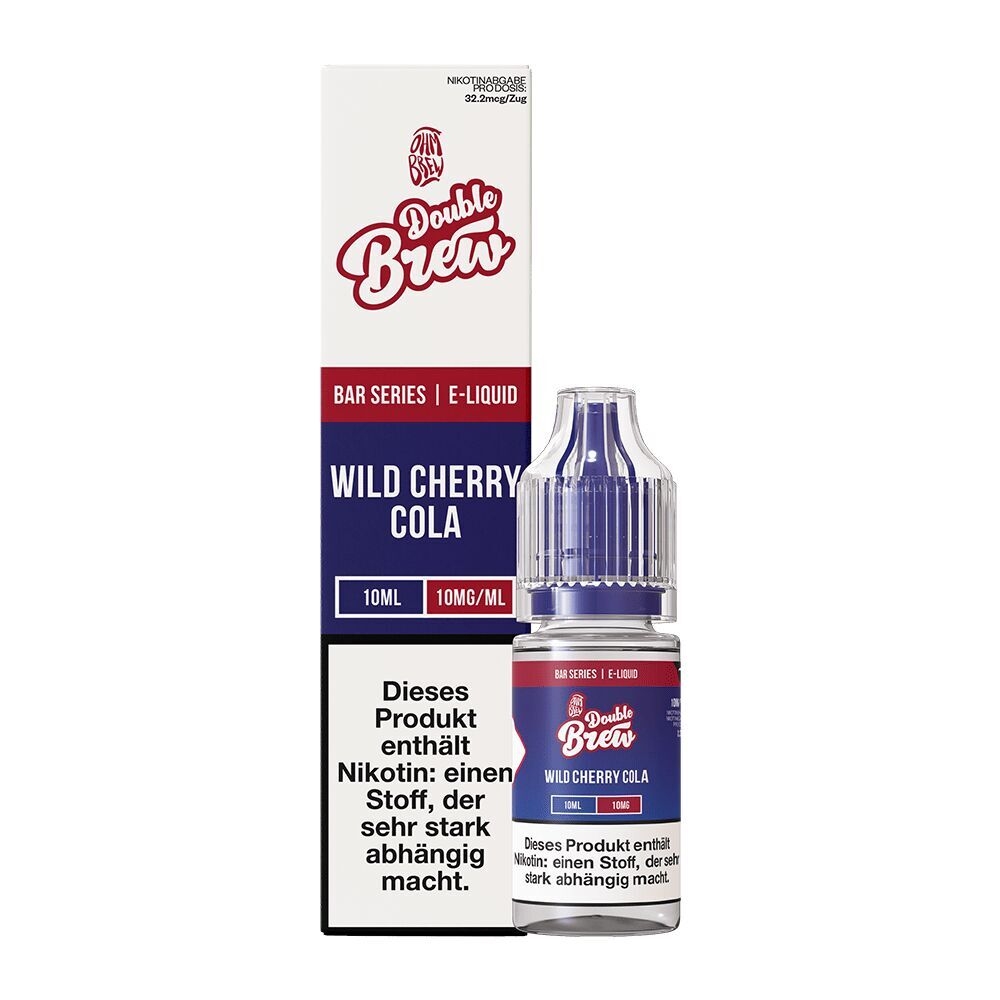 E-Liquid-Flasche und Verpackung von Double Brew Wild Cherry Cola, 10ml, 10mg Nikotinsalz, Hinweis auf stark abhängig machendes Nikotin.