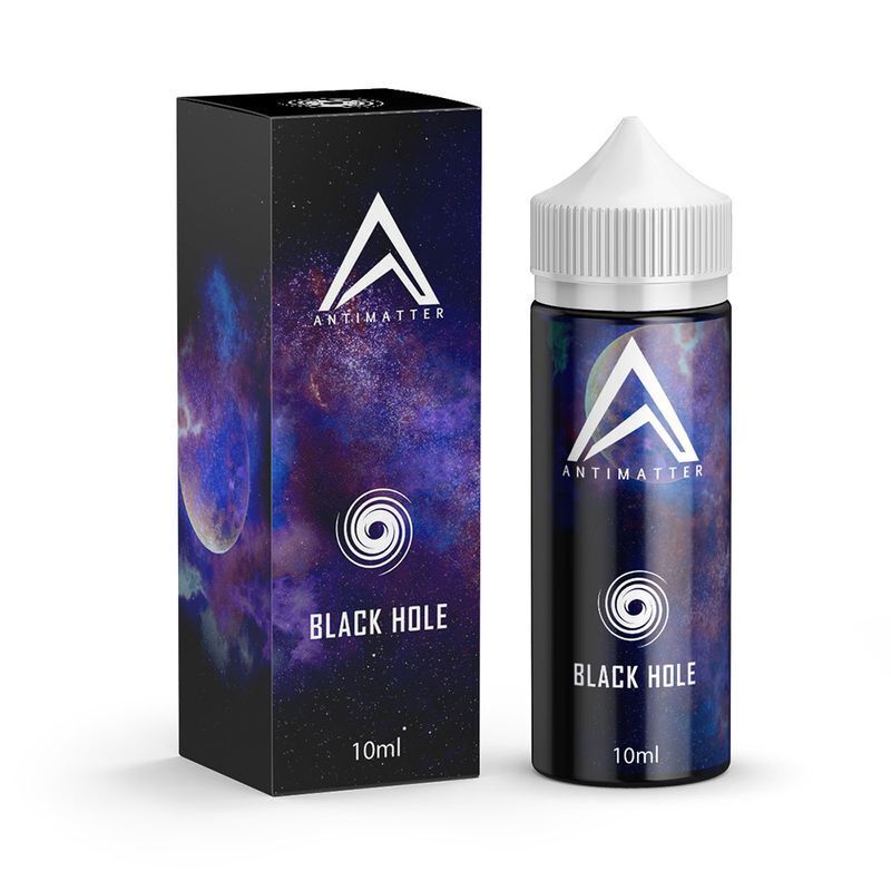 Aroma Black Hole von Antimatter Antimatter Aroma Black Hole Flasche neben schwarzer Verpackung mit buntem Weltraumdesign, Aufschrift 10 ml, spiralförmiges Logo.