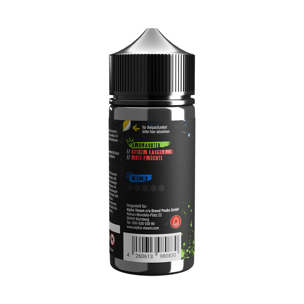 Flasche von Tony Vapes Aroma - Buntes Zeug mit schwarzem Etikett, Angaben zu Aromennoten, süßer Kaugummi, rote Früchte und Herstellerinformationen.