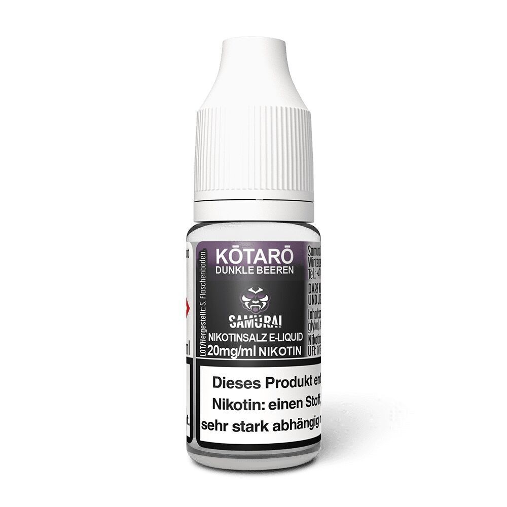 Liquid Kotaro Dunkle Beeren 20mg - Samurai Samurai Nikotinsalz Kotaro Dunkle Beeren 20mg Flasche mit weißem Deckel und violettem Etikett, Warnhinweis „Dieses Produkt enthält Nikotin“ sichtbar.