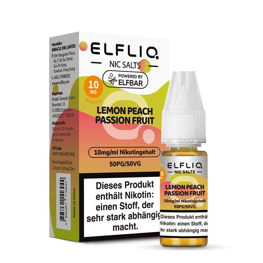 Elfliq Nikotinsalz - Lemon Peach Passion Fruit 10mg Elfliq Nikotinsalz Flasche und Verpackung mit Lemon Peach Passion Fruit 10mg/ml Nikotingehalt, Hinweistext zur Abhängigkeit.