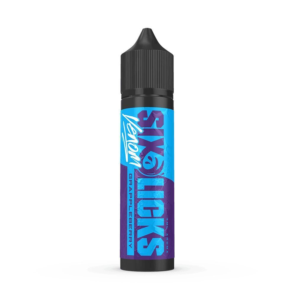 Six Licks Venom Aroma - Grappleberry Flasche mit schwarzem Verschluss, Etikett in Blau und Lila, beschriftet mit Six Licks Venom Aroma - Grappleberry