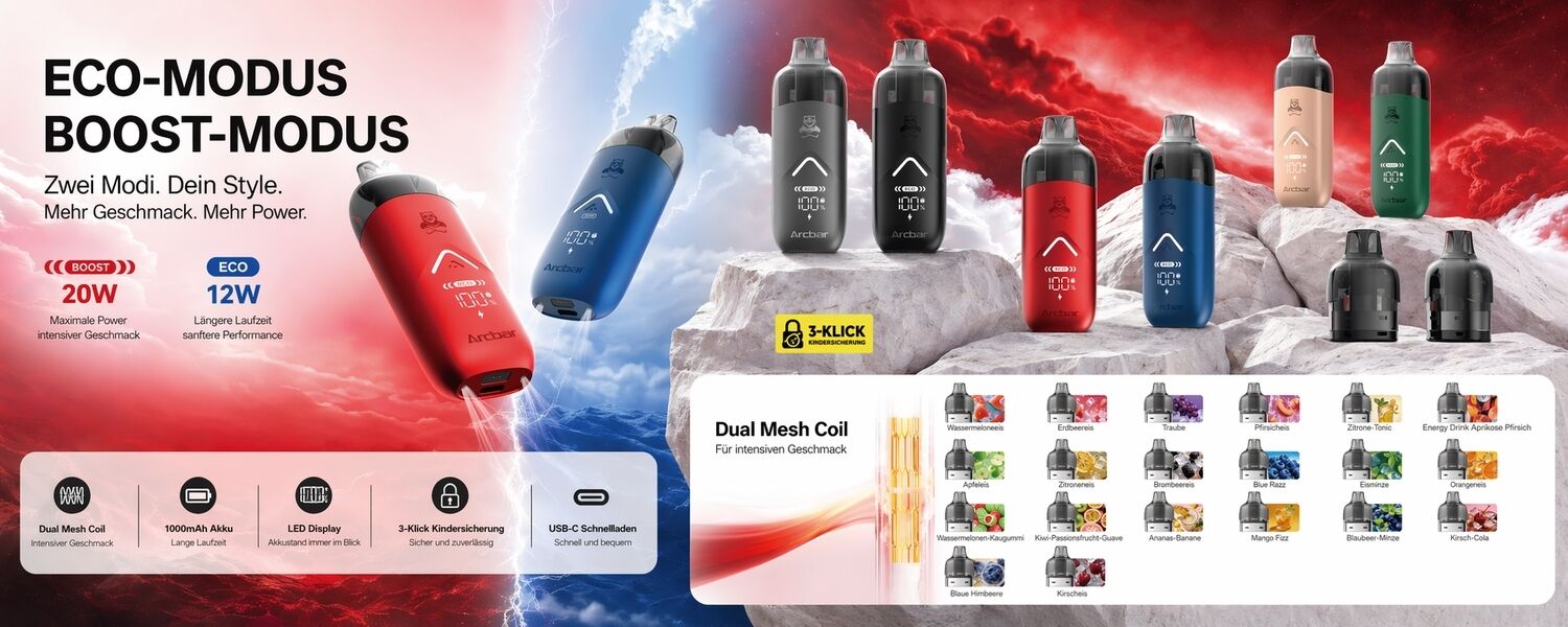 Arcbar Vape mit Eco- & Boost-Modus – 20W E-Zigarette mit Dual Mesh Coil und vielen Geschmacksrichtungen