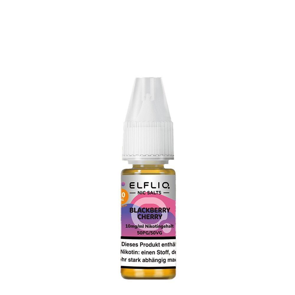 Elfliq Nikotinsalz - Blackberry Cherry Elfliq Nikotinsalz-Flasche mit Etikett "Blackberry Cherry", 10mg Nikotingehalt, weißer Verschluss, auffälliges pink-lila Design auf weißem Hintergrund