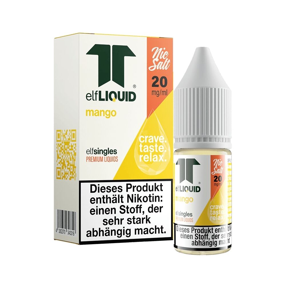 Elf Liquid Nikotinsalz - Mango Elf Liquid Nikotinsalz Mango 20 mg/ml Flasche und Verpackung mit Warnhinweis über Nikotingehalt und Abhängigkeitspotential