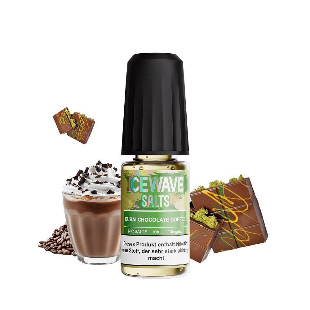 Icewave Nikotinsalz - Dubay Chocolate Coffee 10mg Icewave Salts Dubai Chocolate Coffee-Flasche neben einem Schokoladenstück, einem Glas Schokoladenkaffee mit Sahne und Kaffeebohnen.