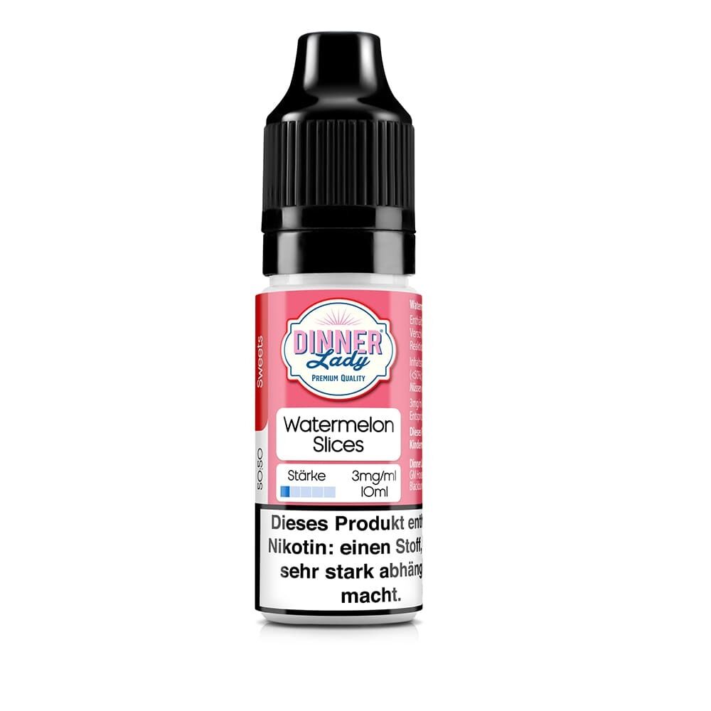 Dinner Lady Liquid - Watermelon Slices 3mg Dinner Lady Liquid-Flasche mit der Geschmacksrichtung Watermelon Slices, Stärke 3mg/ml, 10ml, Nikotin-Warnhinweis auf dem Etikett.