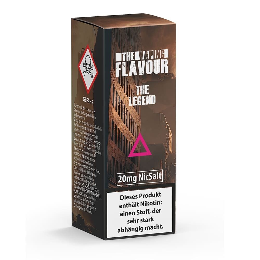 Liquid The Legend 20mg - The Vaping Flavour Verpackung von The Vaping Flavour Nikotinsalz-The Legend, 20mg, mit Warnhinweis und Gefahrensymbol, braune Gebäudekulisse im Hintergrund