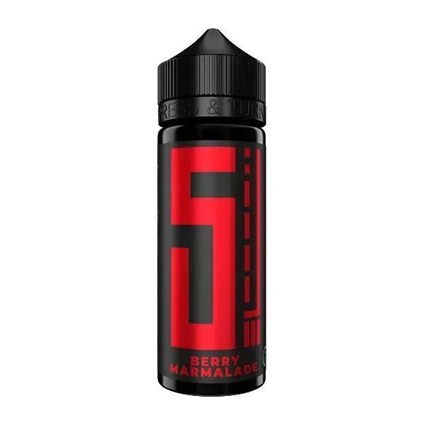 Aroma Berry Marmelade von 5 Elements Flasche mit schwarzem Hintergrund und rotem Logo-Design, Produktname "5 Elements Aroma - Berry Marmelade" steht in roten Buchstaben am unteren Rand
