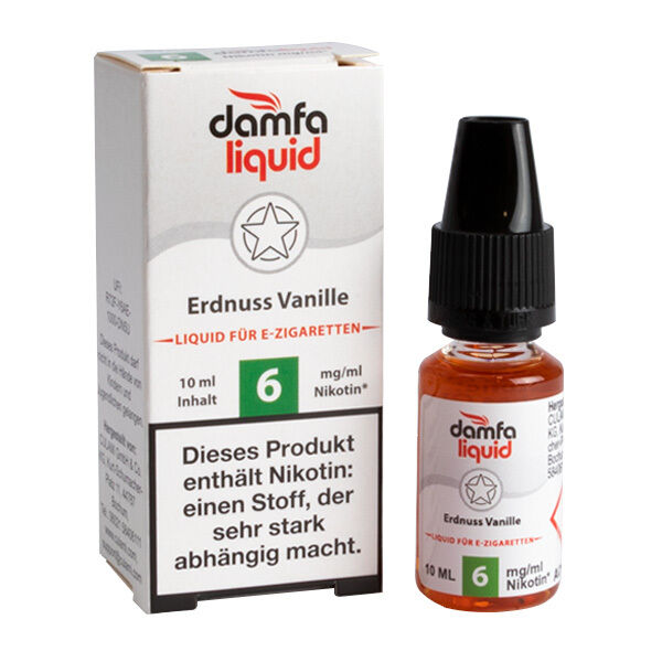 Liquid Erdnuss Vanille 6mg - damfaliquid Flasche und Verpackung von Damfaliquid Erdnuss Vanille 6mg, mit Warnhinweis und sichtbarem Logo, 10ml Inhalt.