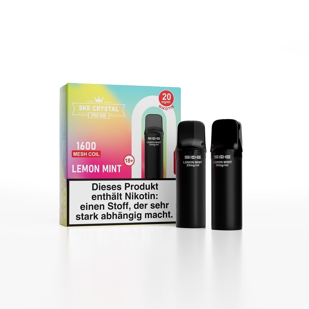 SKE Crystal 800 Pro Pods - Lemon Mint SKE Crystal Pro Pods im Lemon Mint-Geschmack, zwei schwarze Pods neben einer Verpackung mit dem Hinweis auf Nikotingehalt.