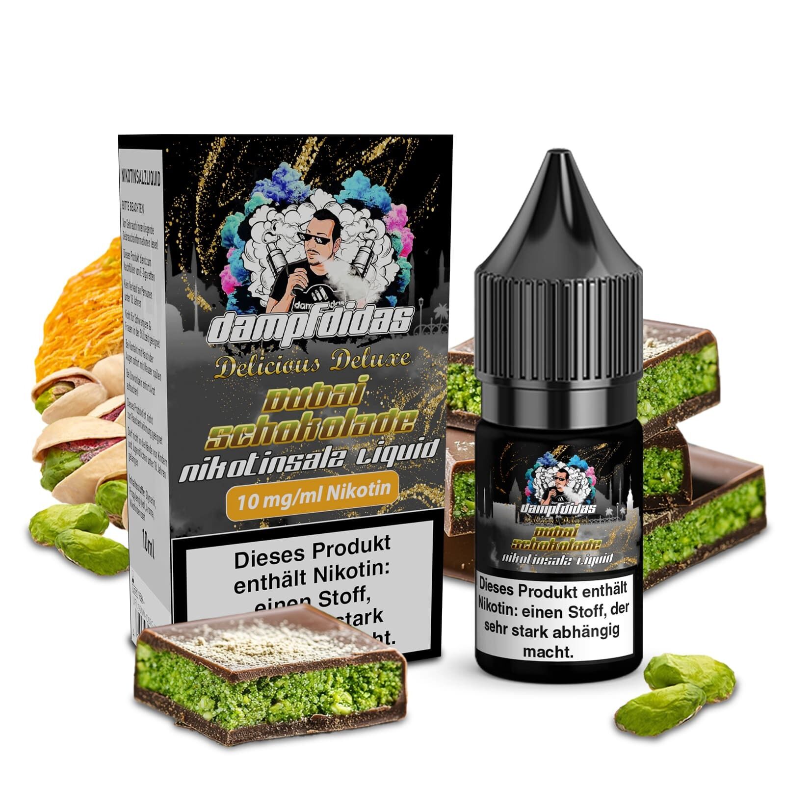 Liquid Dubai Schokolade 10mg - Dampfdidas Dampfdidas Nikotinsalz Dubai Schokolade Liquid, Verpackung und Flasche, grüne Füllung, Schokolade, mit Nikotin-Warnhinweis.