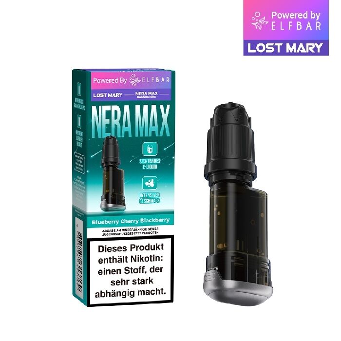 Lost-Mary-Nera-Nachfüllbehälter-Blueberry-Cherry-Blackberry.jpg E-Zigarettenpod Lost Mary Nera Max Blueberry Cherry Blackberry 20mg, sichtbar auf Verpackung und Pod abgebildet mit Nikotinwarnung.