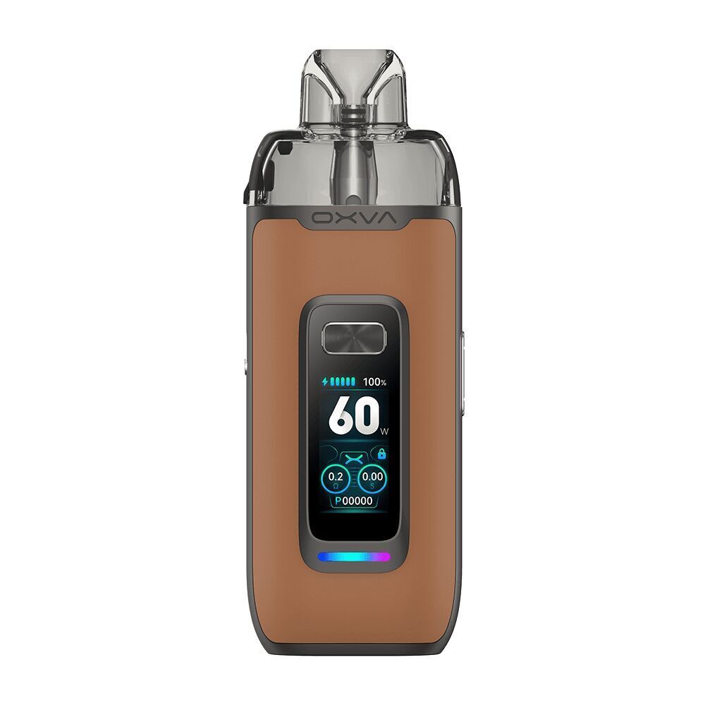 Oxva Vprime Pod Kit in Braun mit Ledermuster, zeigt ein Display mit 60 Watt Anzeige und Batterieinformationen.