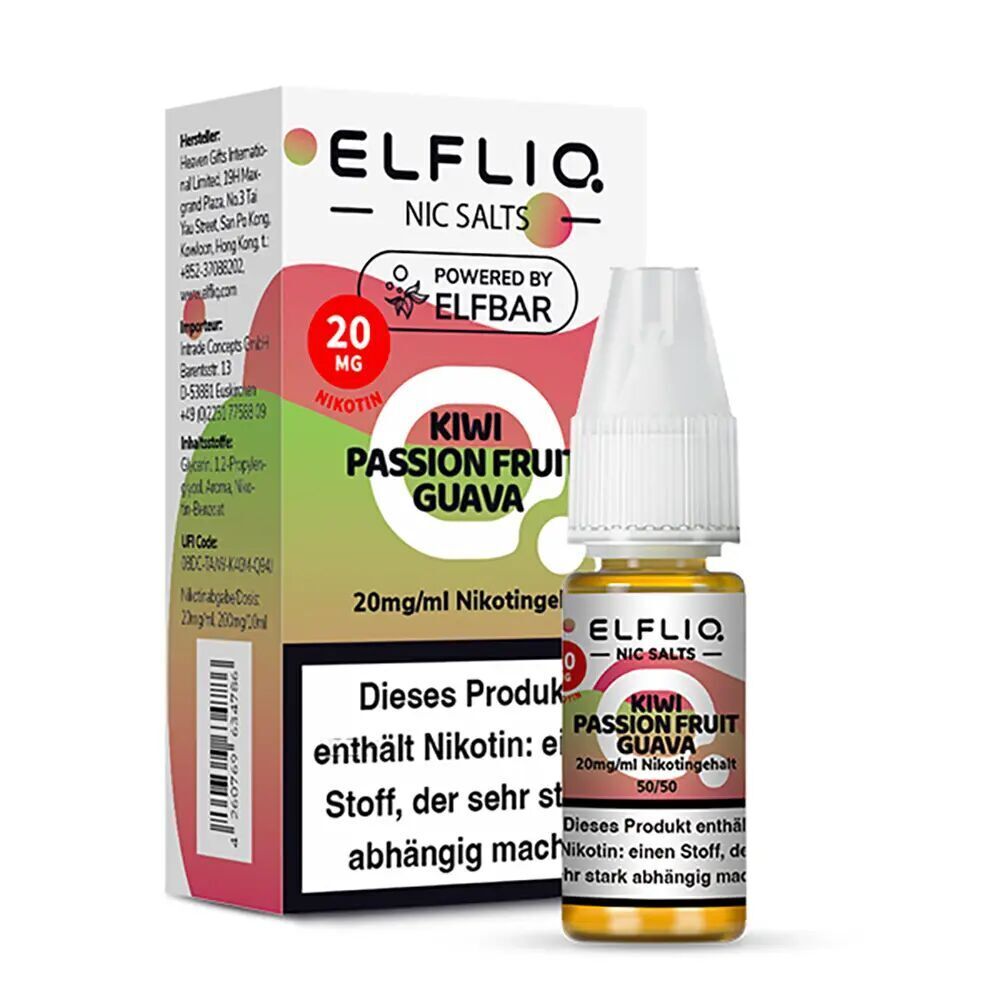 Elfliq Nikotinsalz - Kiwi Passion Fruit Guava 20mg Elfliq Nikotinsalz Kiwi Passion Fruit Guava 20mg Packung und Flasche, roter 20mg-Nikotin-Hinweis, Produktinformationen und Warnhinweise sichtbar.