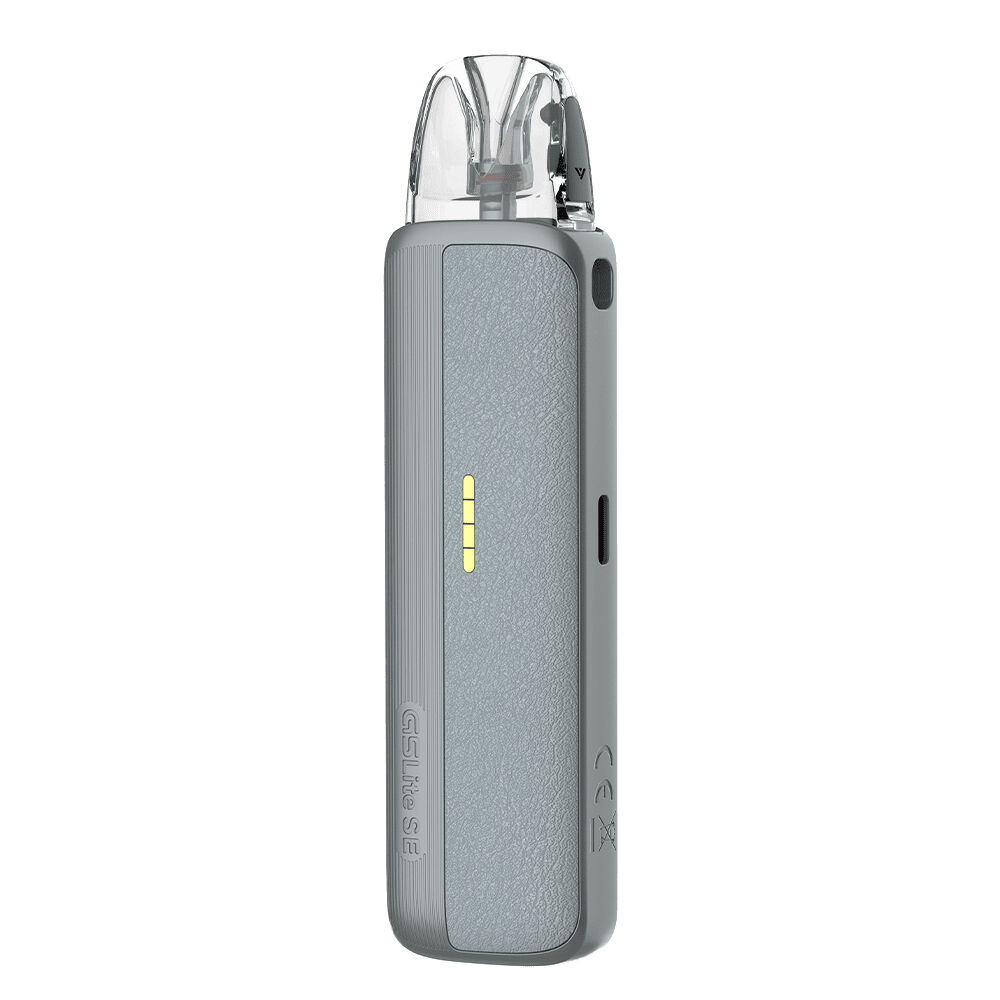 Uwell Caliburn G5 Lite SE Pod Kit Uwell Caliburn G5 Lite SE Pod Kit in grauem Leder mit transparentem Mundstück, seitlichem LED-Anzeigestreifen und eingeprägtem Logo.