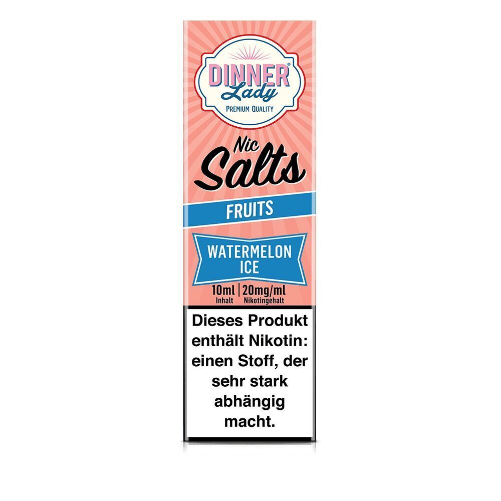 Verpackung von Dinner Lady Nic Salts Watermelon Ice, 10ml, 20mg Nikotingehalt, mit Warnhinweis zur Nikotinsucht.